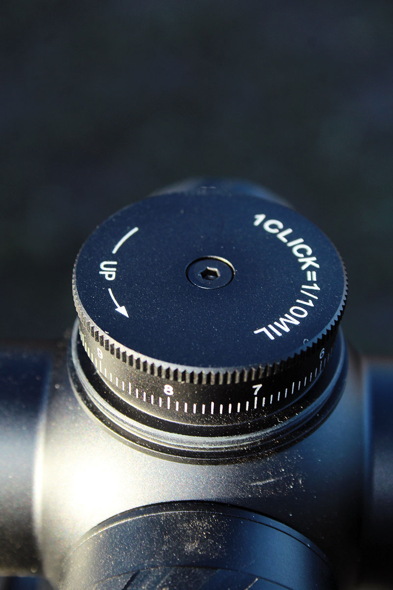 The capped turrets include a shim-style zero stop and allow corrections in 1/10-MIL  movements. Patrick counted 31 MILs of total movement from bottom to top.